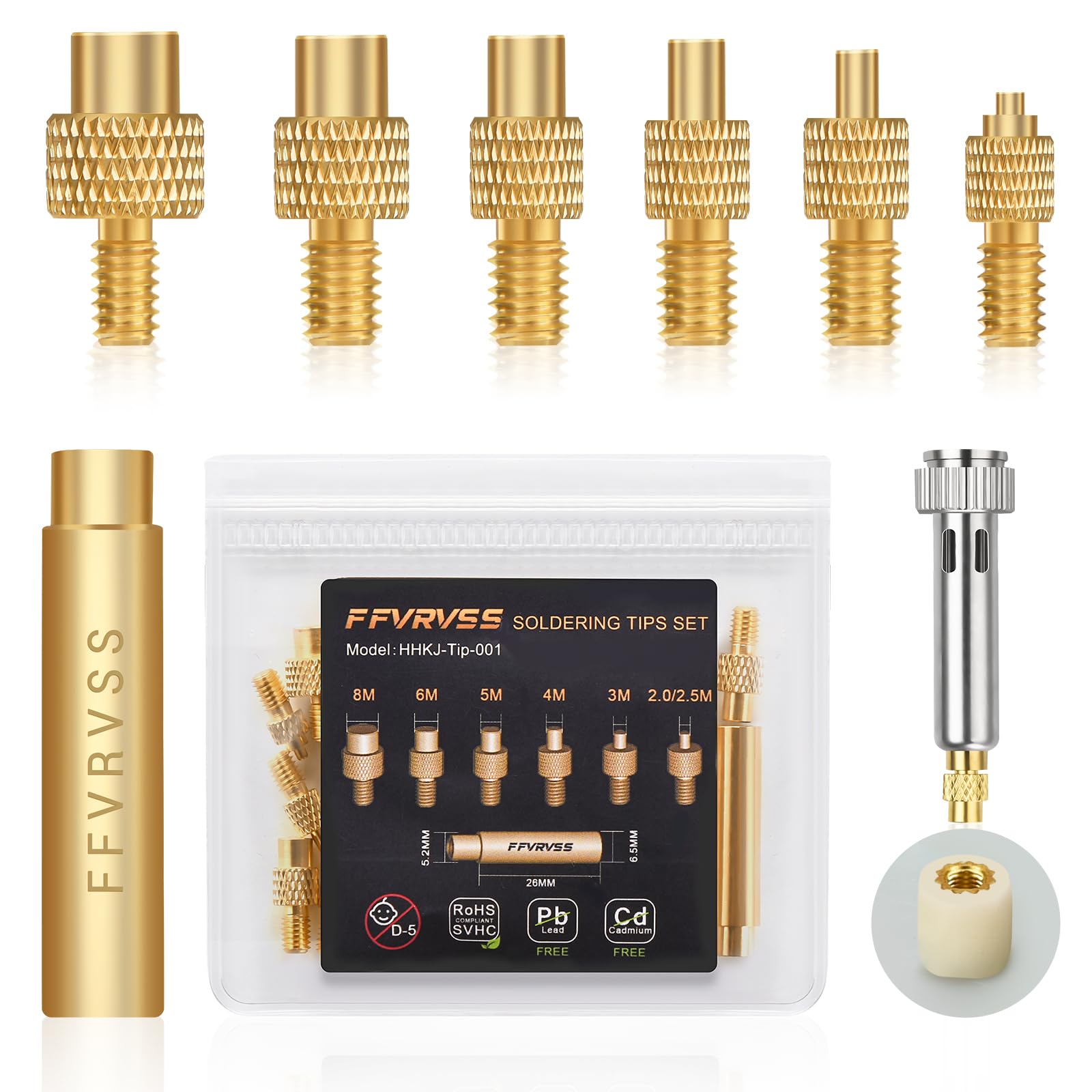 7X Soldering Tips/Heat Set Insert Tips - for Thread Inserts M2, M2.5, M3, M4, M5, M6, M8 Soldering Iron Adapter, Compatible with 900M/T18/FX-888D More Affordable Plastic 3D Printer Components Tool Kit