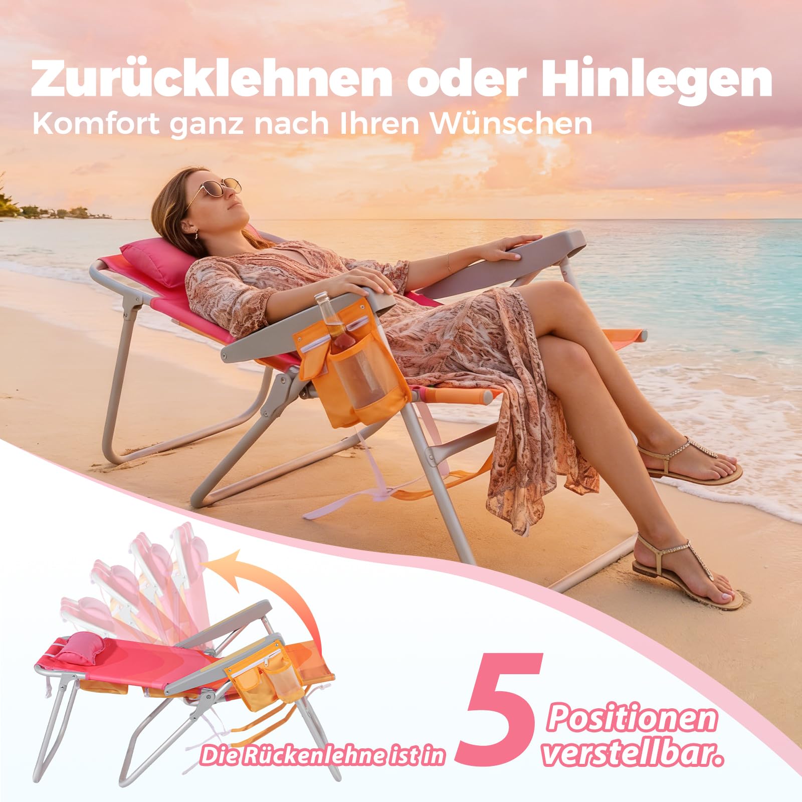 Join Nature Strandstuhl Klappbar Leicht Klappstuhl Strand 5-stufig verstellbare Rückenlehne - Strandsessel Strandstühle Faltbar Bis 150KG für Strand, Outdoors (Hoch, Sonnenuntergang, 1 Stück)