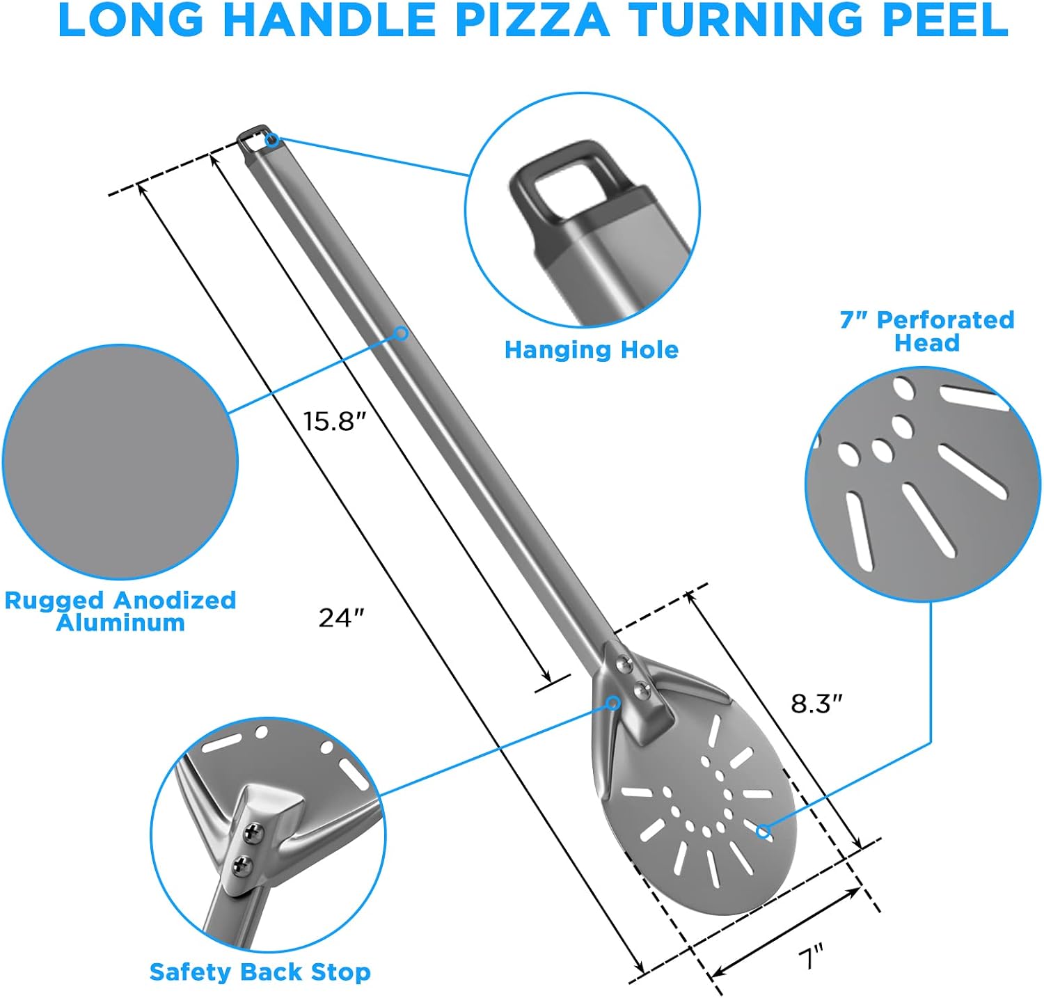 Pizza Turning Peel 7 Inch Round Head Long Handle Lightweight Metal Pizza Paddle Stainless Steel Perforated Pizza Peel Spinner Pizza Oven Accessories for Baking Pizza