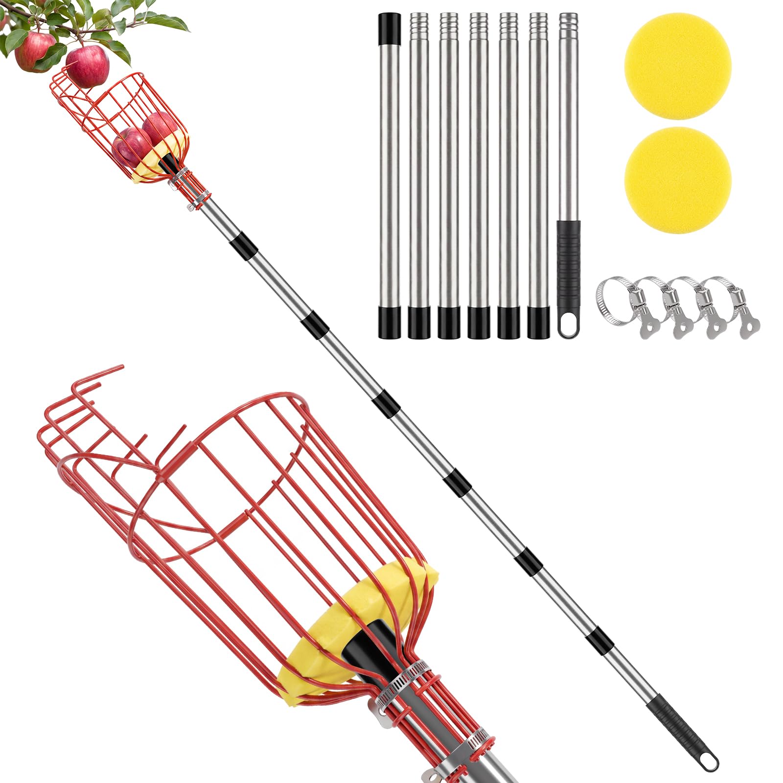 suzmei 3M Apple Picker with Telescopic Handle, Compact Telescopic Fruit Picker Tool with Stainless Steel Pole, Foam Pad Basket, Hand-Tighten Clamp, Long Reach Apple Picker Tool for Orange Lemon etc.