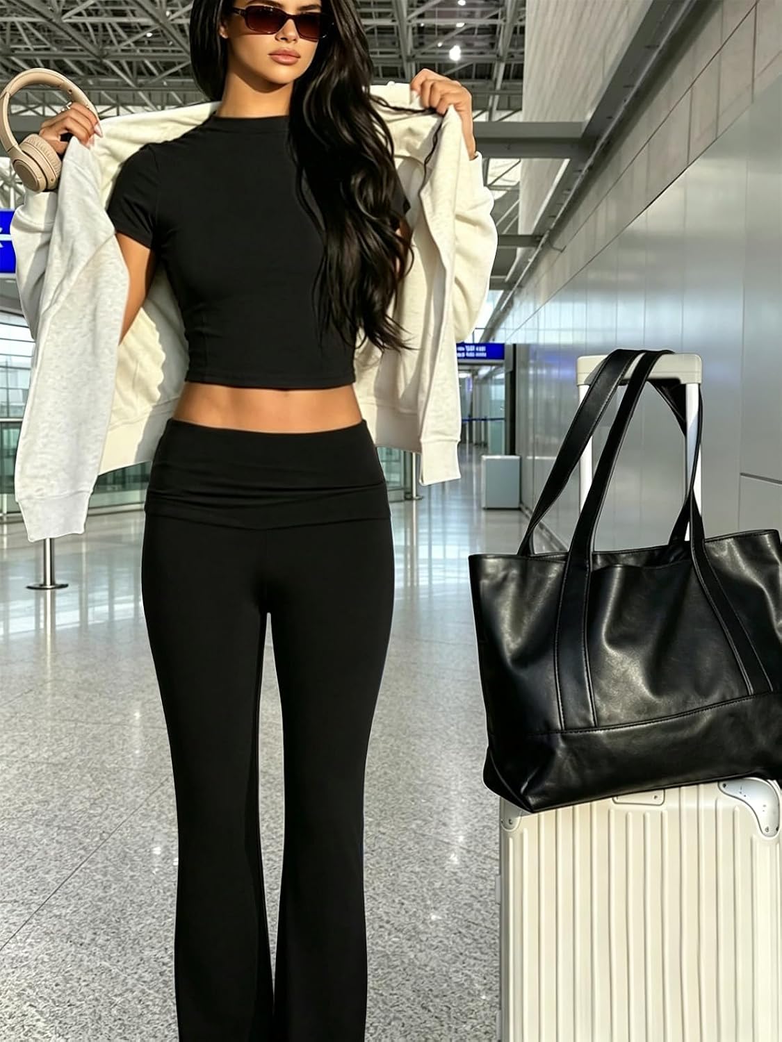 Women's Two Piece Lounge Set: Soft Modal Crop Top & Fold Over Flare Leggings Y2K Outfit — view 5