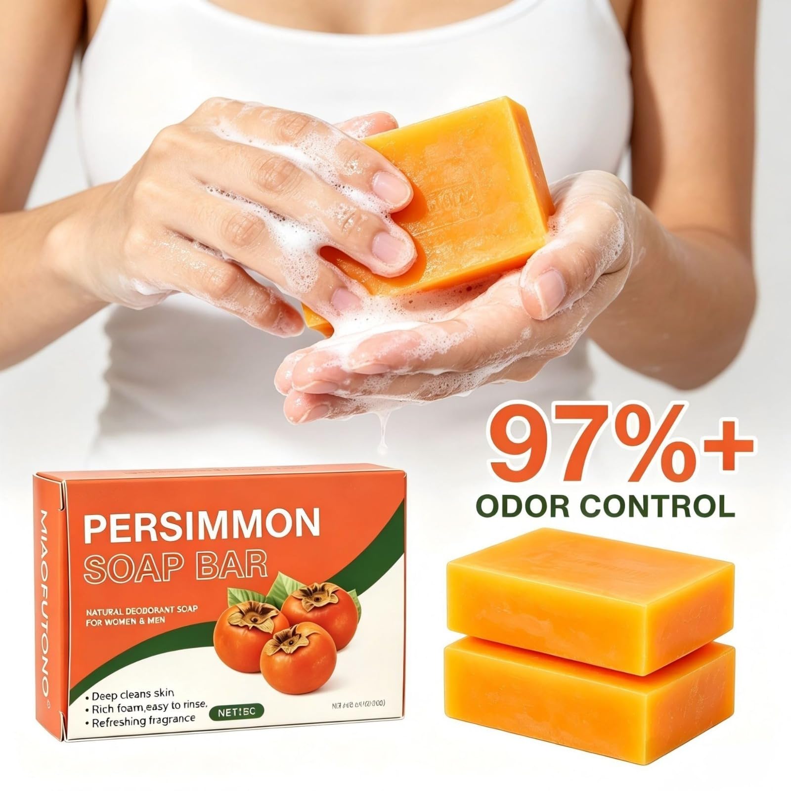 Persimmon Soap Bar, naturalny dezodorant do ciała mydło dla mężczyzn i kobiet, | naturalne mydło do delikatnego i intymnego oczyszczania całego ciała, złuszczająca kontrola zapachu ciała Deep Cleansing Ref