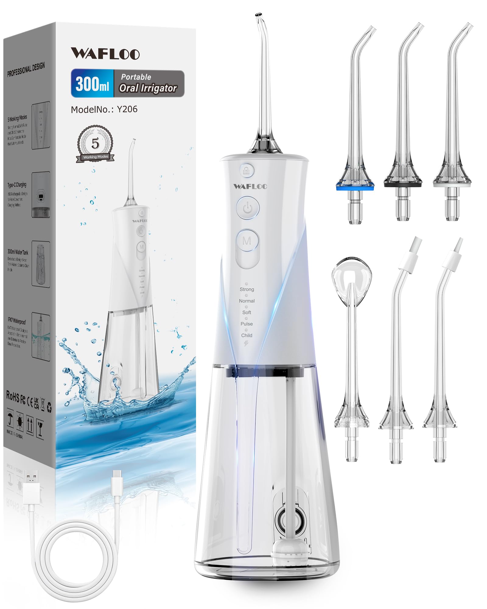 Irrigador Dental Portatil, 5 Modos de Limpieza con 6 Boquillas, Tanque de Agua de 300ml, IPX7 Impermeable, Ideal para Limpieza Dental en Casa y de Viaje（Blanco）
