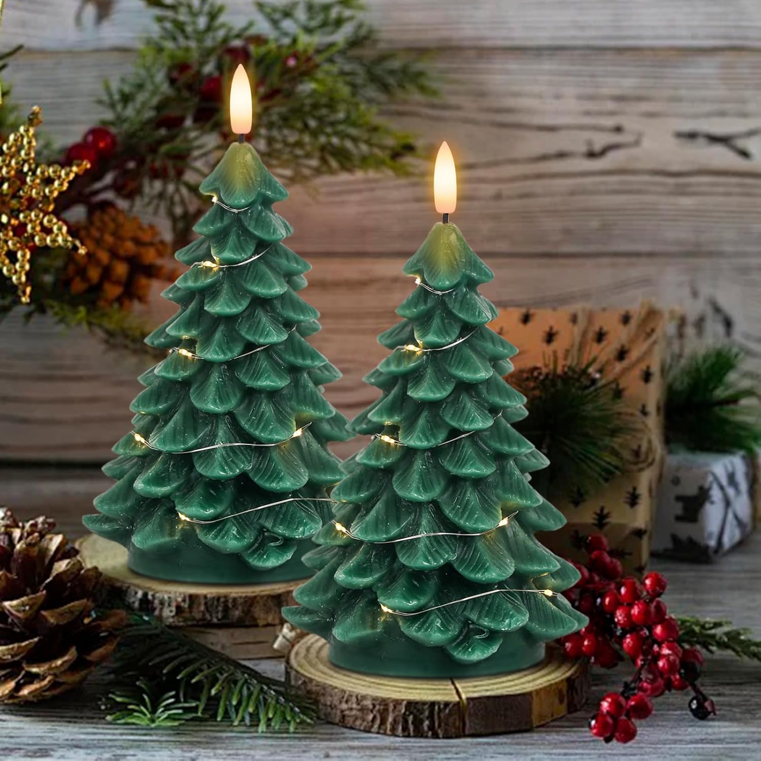 Christmas Tree Shaped LED Candles with Remote Timer, 2 Pcs Flameless Pillar Candles with Embedded String Lights, Battery Operated Flickering Green Candles for Christmas Home Décor