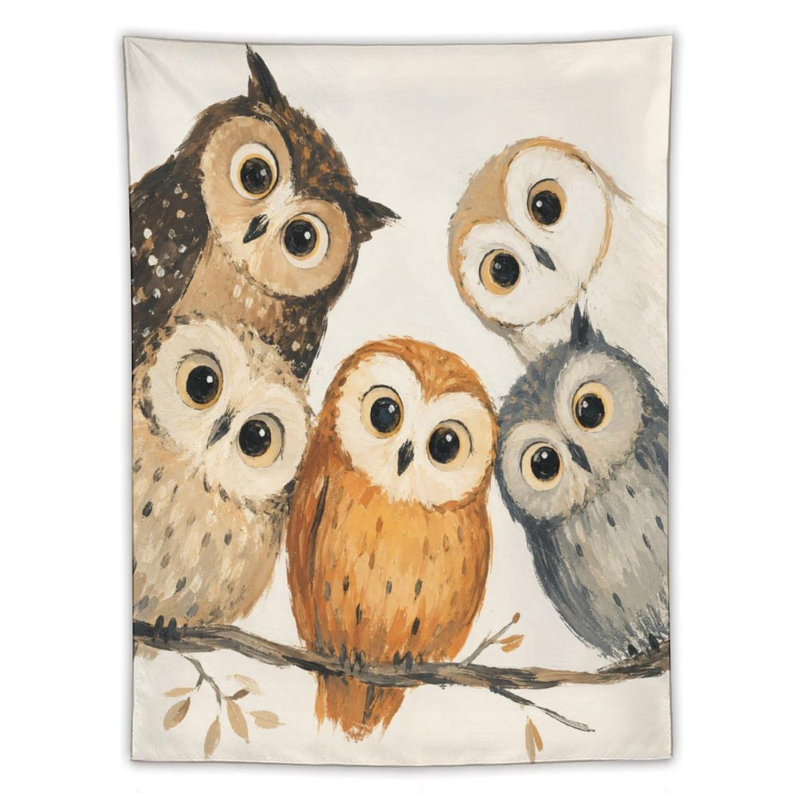 W7C8U2X3 Owl Family on Branch Wall Tapestry, Watercolor, Woodland Birds