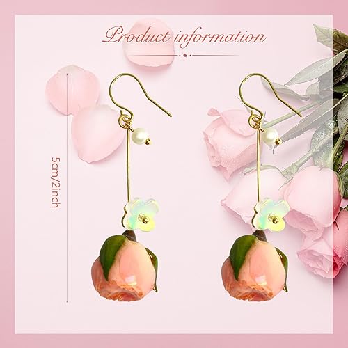 Miniatura 2 de Mothers Day Gifts for Mom, Handmade Red Rose Earrings Real Pink Flower Jewelry Unique Nature Plant Floral Pressed Dried Flower Earrings, Valentine's