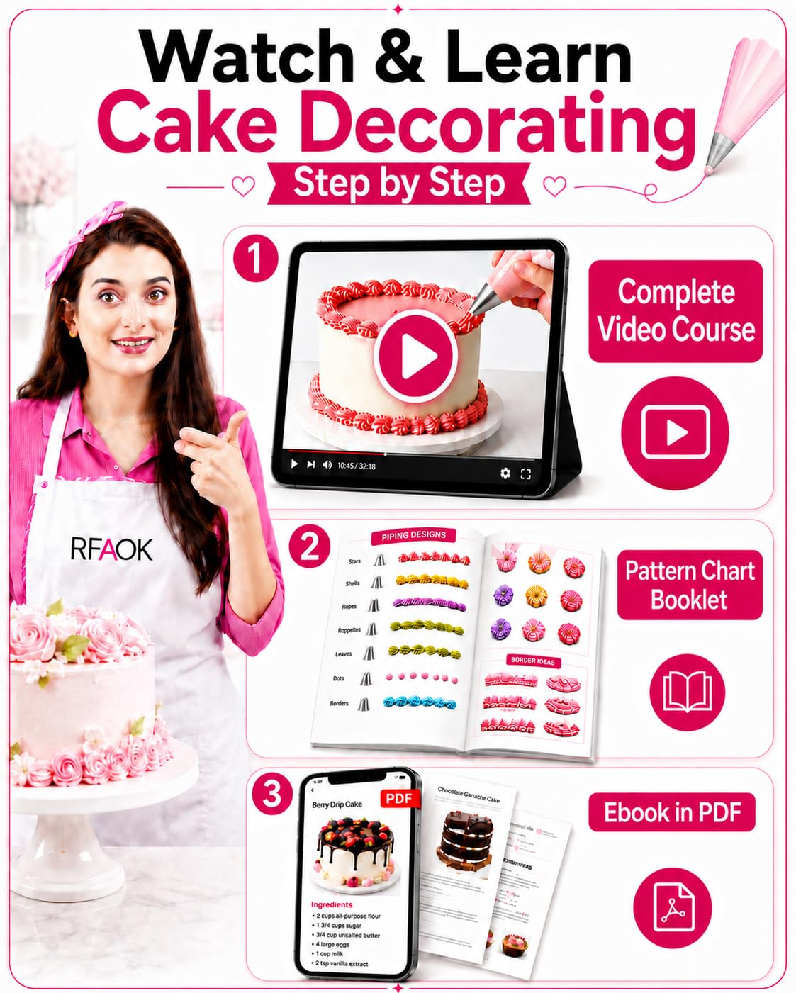 RFAQK Kit de décoration de gâteaux – 200 pièces avec plateau tournant – niveleur à gâteau – 55 douilles numérotées et douilles avec tableau de motifs et e-book – 110 poches à glaçage – Spatule droite