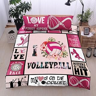 I Love Volleyball Pink Bedding Set Volleyball Bed Set Twin for Adults Men Boys Soft Microfiber Breathable Sports Volleyball Comforter Cover Volleyball Full Bed Set Queen Volleyball Bedding