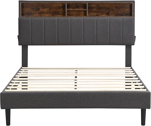 Miniatura 8 de Harper & Bright Designs Cama de plataforma de tamaño matrimonial, cama tapizada con cabecera de almacenamiento y puerto USB, cama tapizada de tela
