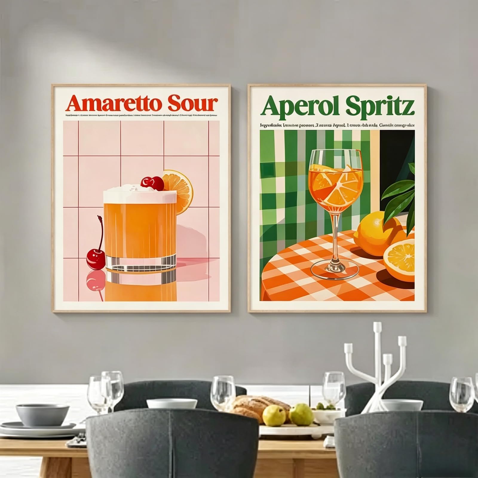 ZBELLO Set of 2 Retro Wall Art Prints, Colourful Vintage Kitchen Home Bar Diptych Wall Decor, for Breakfast Nook Pub Farmhouse Home Decoration, Unframed (50x70cm)