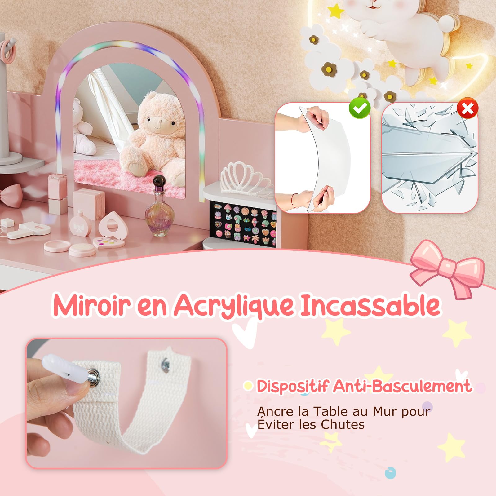 COSTWAY Coiffeuse Enfants Fille avec Chaise & Miroir Éclairé, Bureau Enfant Fille avec Bibliothèque & Étagères Ouvertes & Support pour Bijoux, Dispositif Anti-basculement pour 3 Ans+ (Rose)