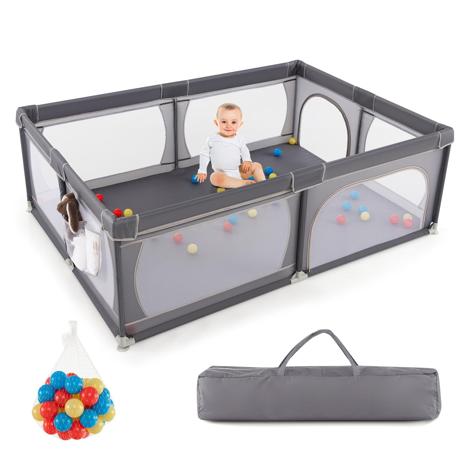 DREAMADE 200 x 140 cm Baby Laufstall, Laufgitter mit 50 Bällen & Tragetasche, Krabbelgitter für Kinder im Innen- & Außenbereich (Dunkelgrau, ohne Matratze)