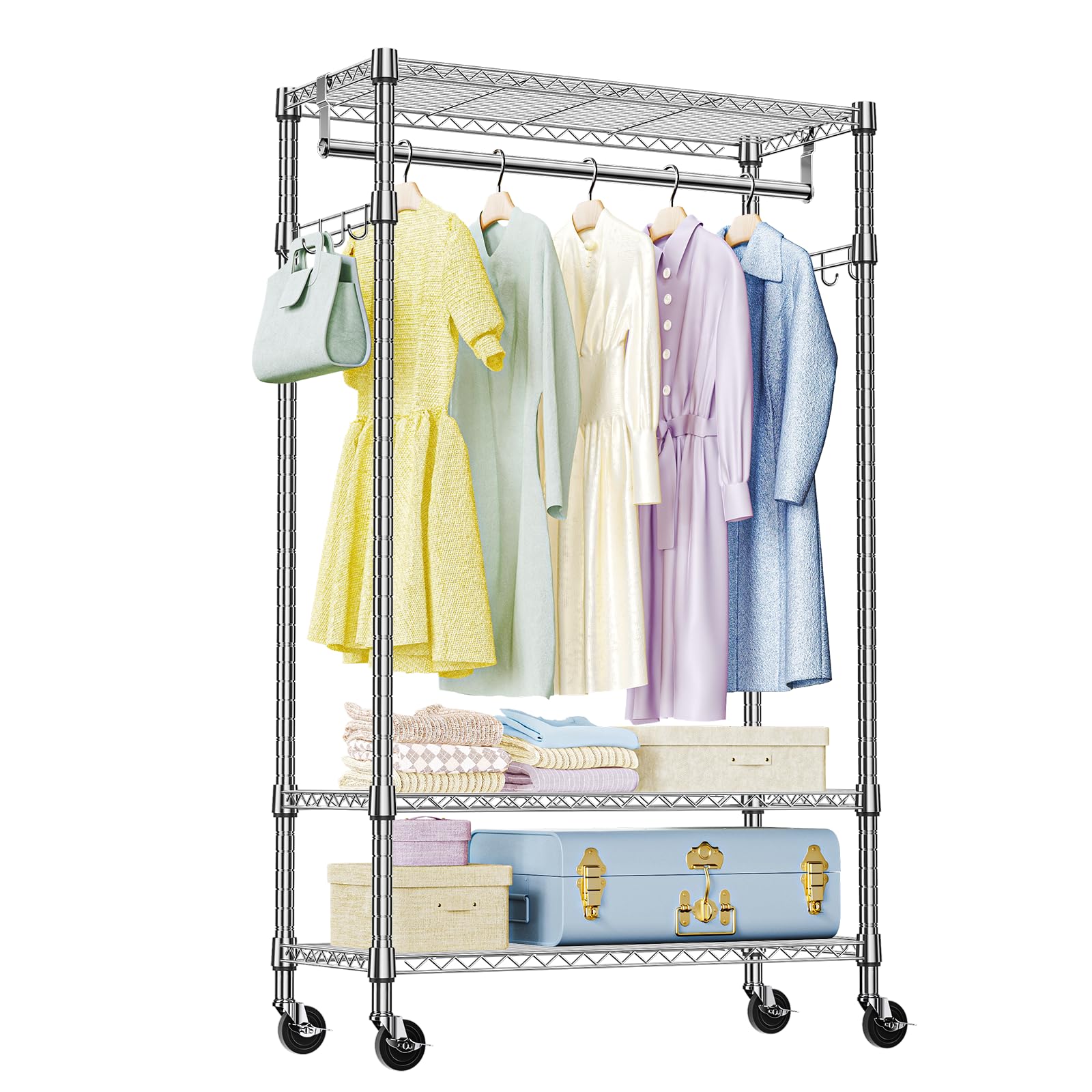 IZEUK Heavy Duty Rolling Garment Rack Wire Clothes Rack for Hanging Clothes Chrome 3 Tier with 2 Rod