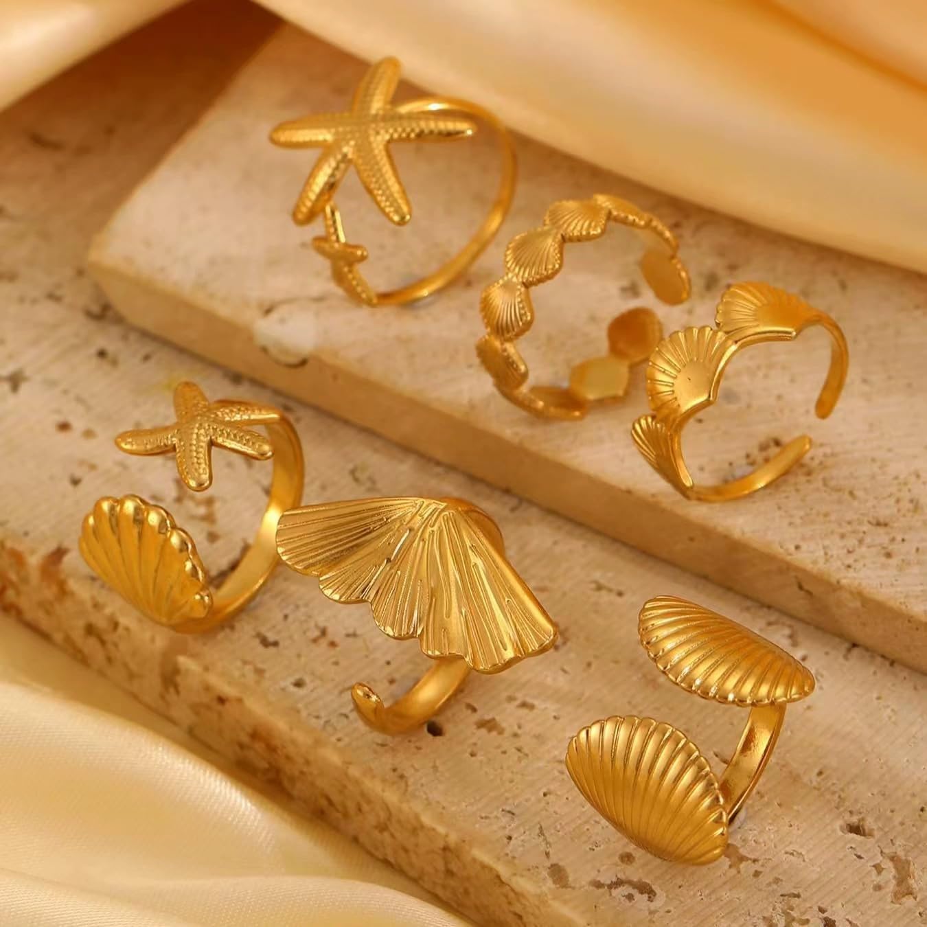 Gold Chunky Seashell Starfish Wave Stackable Adjustable Rings for Women Non Tarnish 18K Gold Plated Stainless Steel Open Knuckle Thumb Ring Set Summer Beach Jewelry Gift for Vacation - Image 7