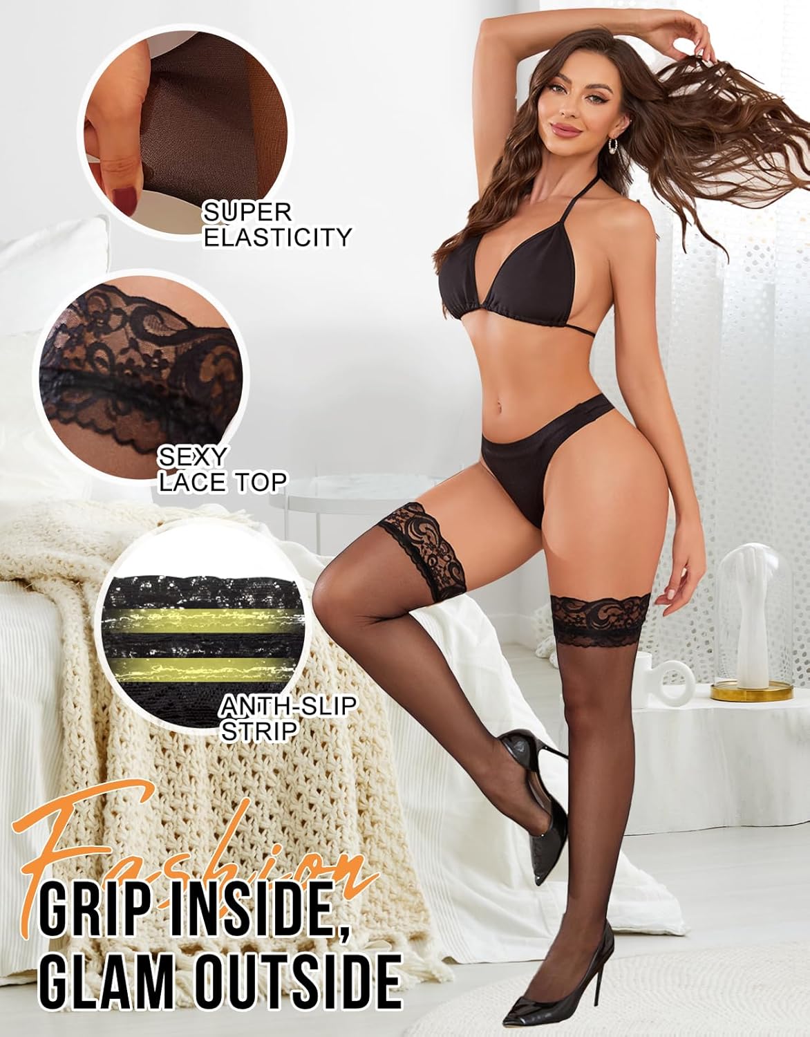 Aranmei Women's Sexy Lace Top Thigh High Stockings Sheer Hosiery with Anti-Slip Silicone Band, Pantyhose - Image 3