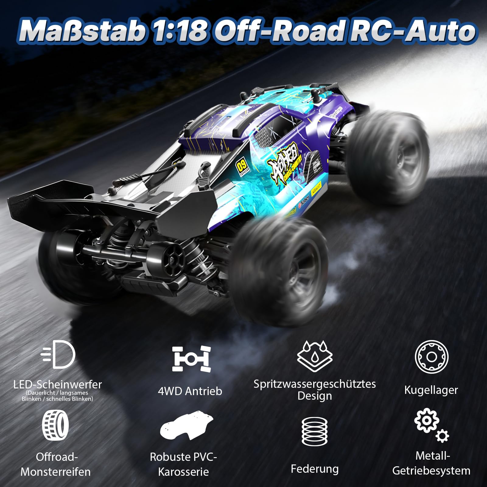 Coche teledirigido para adultos 1:18, RC Auto 2,4 GHz 4WD 40 km/h, coche RC Offroad sin escobillas con 2 baterías de 1500 mAh y motor RC380: cochecito RC impermeable para exteriores a partir