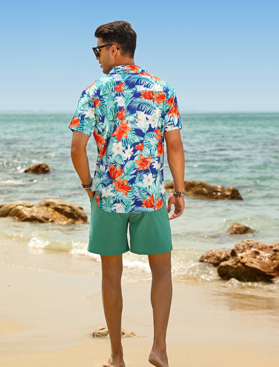 EISHOPEER Herren-Blumenhemd, Hawaii-Sets, lässig, Button-Down-Kurzarmhemd und solide, schnell trocknende Strand-Shorts, S-3XL