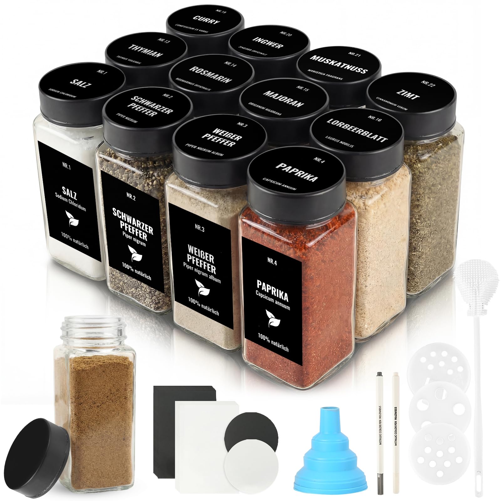 JAECU 12Pcs Glass Spice Jars with Stainless Steel Lids Seasoning Bottle