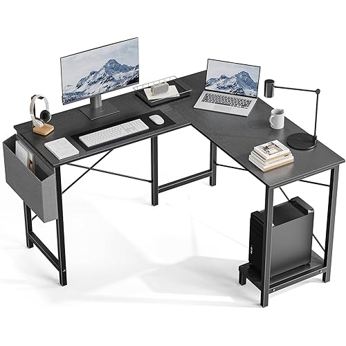 DUMOS L Shaped Desk Computer Gaming Corner Table 50 Inch Home Office Writing Student Work PC Workstation with Side Storage Bag CPU Stand for Bedroom Small Spaces
