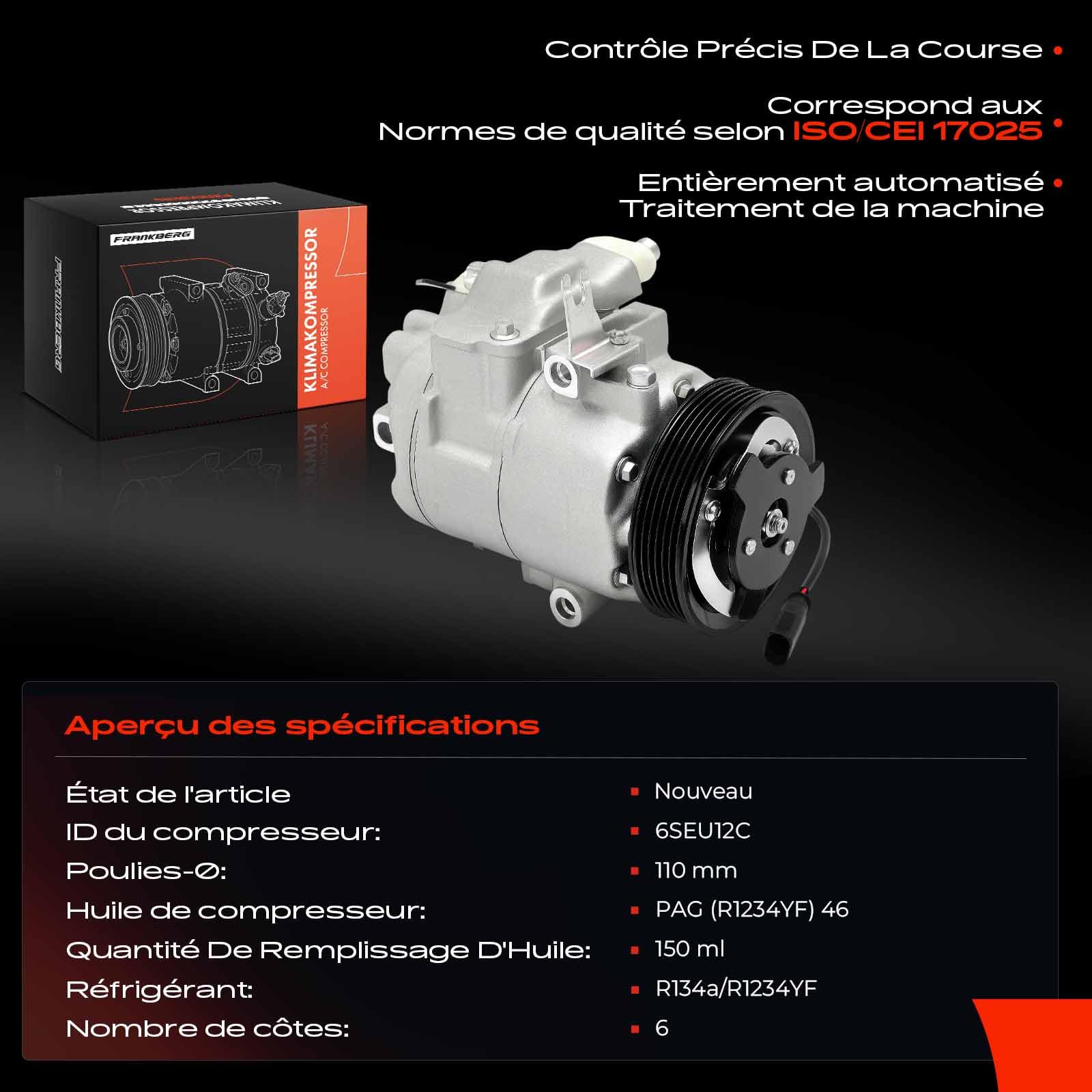 Frankberg Compresseur de climatisation avec embrayage 6Q0820803Q | Compatible avec: Polo 9A 9N, Golf IV Variant 1J5, Polo 6C1 6R1, R.o.o.m.s.t.e.r 5J7, Ibiza IV 6J5 6P1