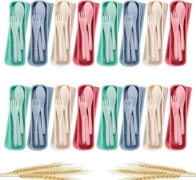 Nicunom 16 Pack Travel Utensils Set with Case, Reusable Wheat Straw Spoon Knife Fork Tableware, Portable Camping Cutlery Plastic Lunch Silverware Set Travel Picnic Utensil for Daily Use