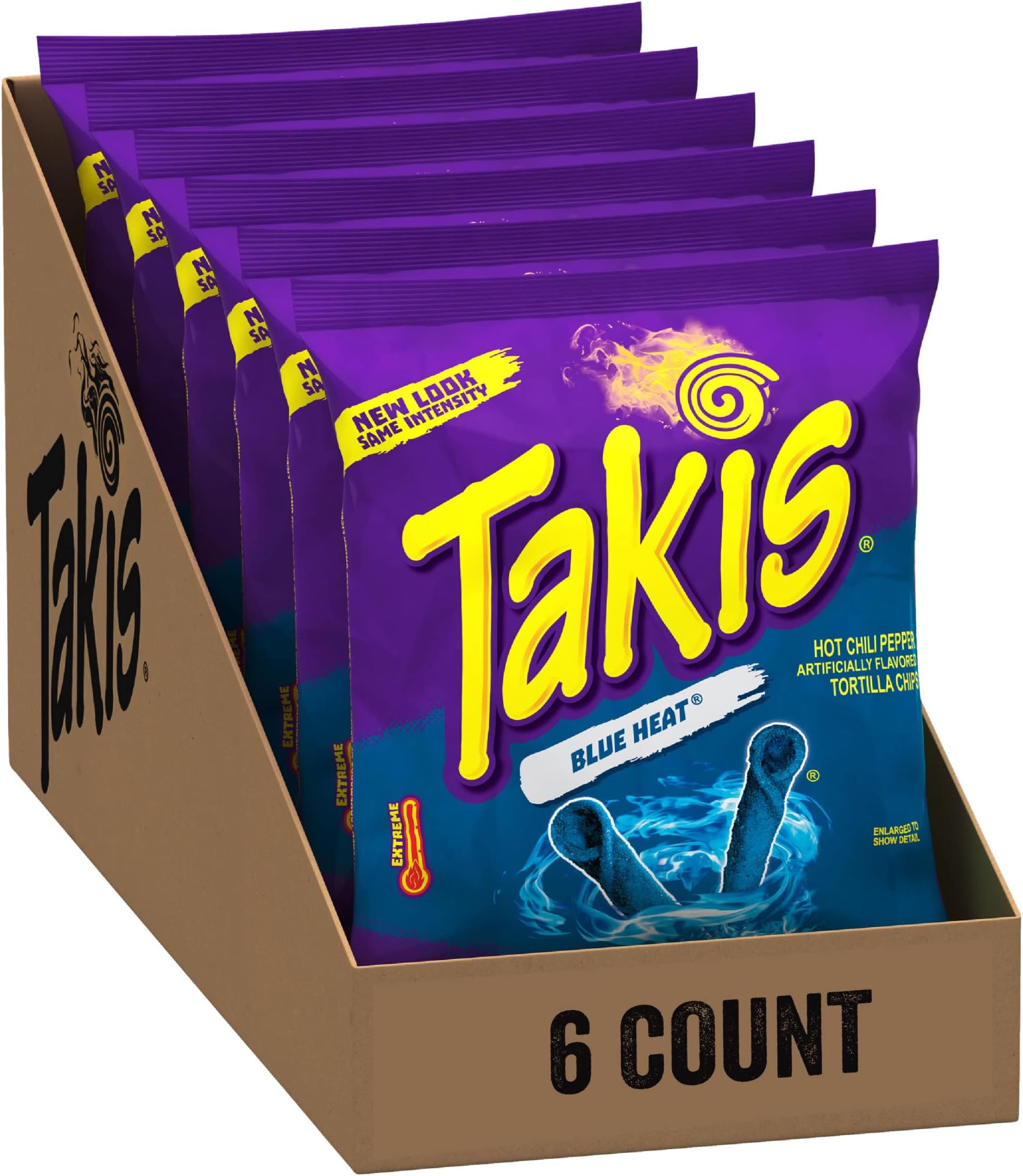 TakisBlue Heat Rolled Spicy Tortilla Chips, Hot Chili Pepper Flavored, Multipack with 6 Individual Bags, 4 Ounces Each