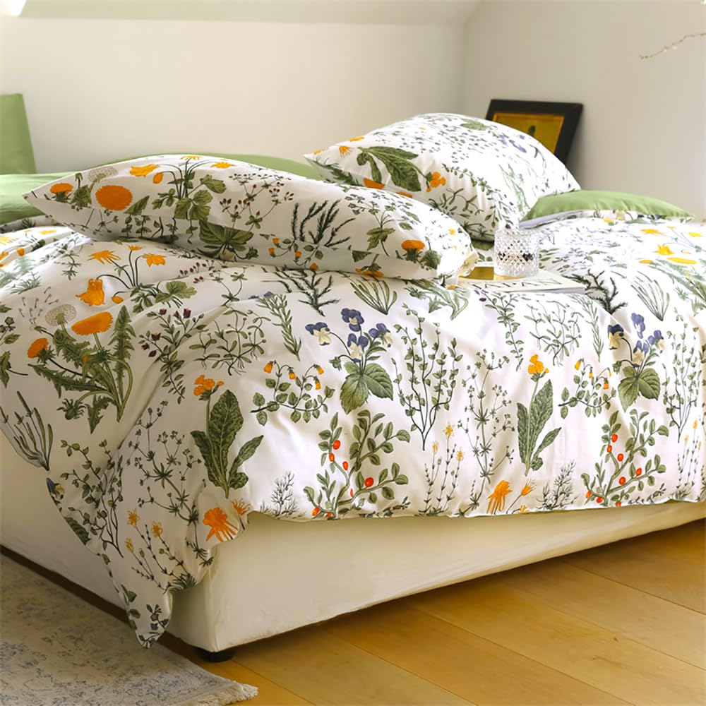 Juego de ropa de cama de algodón 135 x 200 cm, diseño de flores pequeñas y estampado botánico, funda nórdica estética con cremallera y funda de almohada de 80 x 80 cm