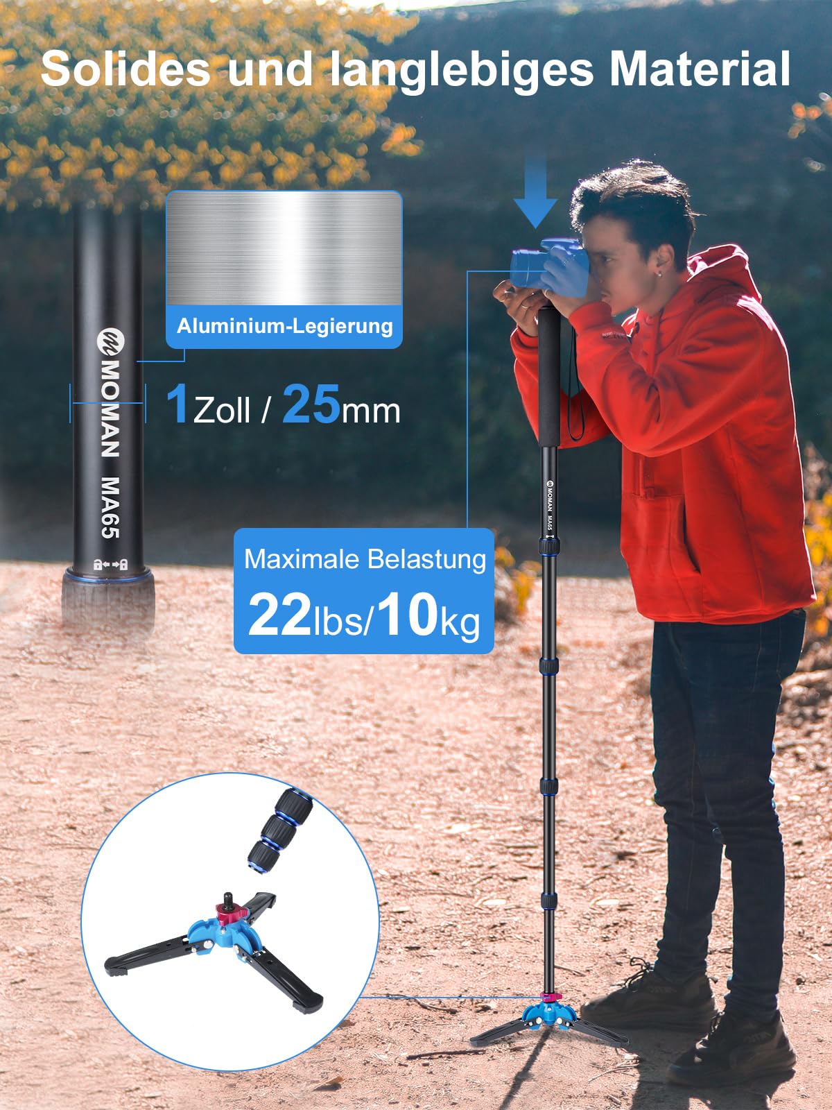 Moman Einbeinstativ Kamera Stativ Einbein Reisestativ mit Standspinne, DSLR Monopod Wanderstock, 0,64kg mit Stativfuß, Leicht Tragbar Aluminium Bergstock, max. 165cm, 360 Grad drehbar 5-10kg Nutzlast