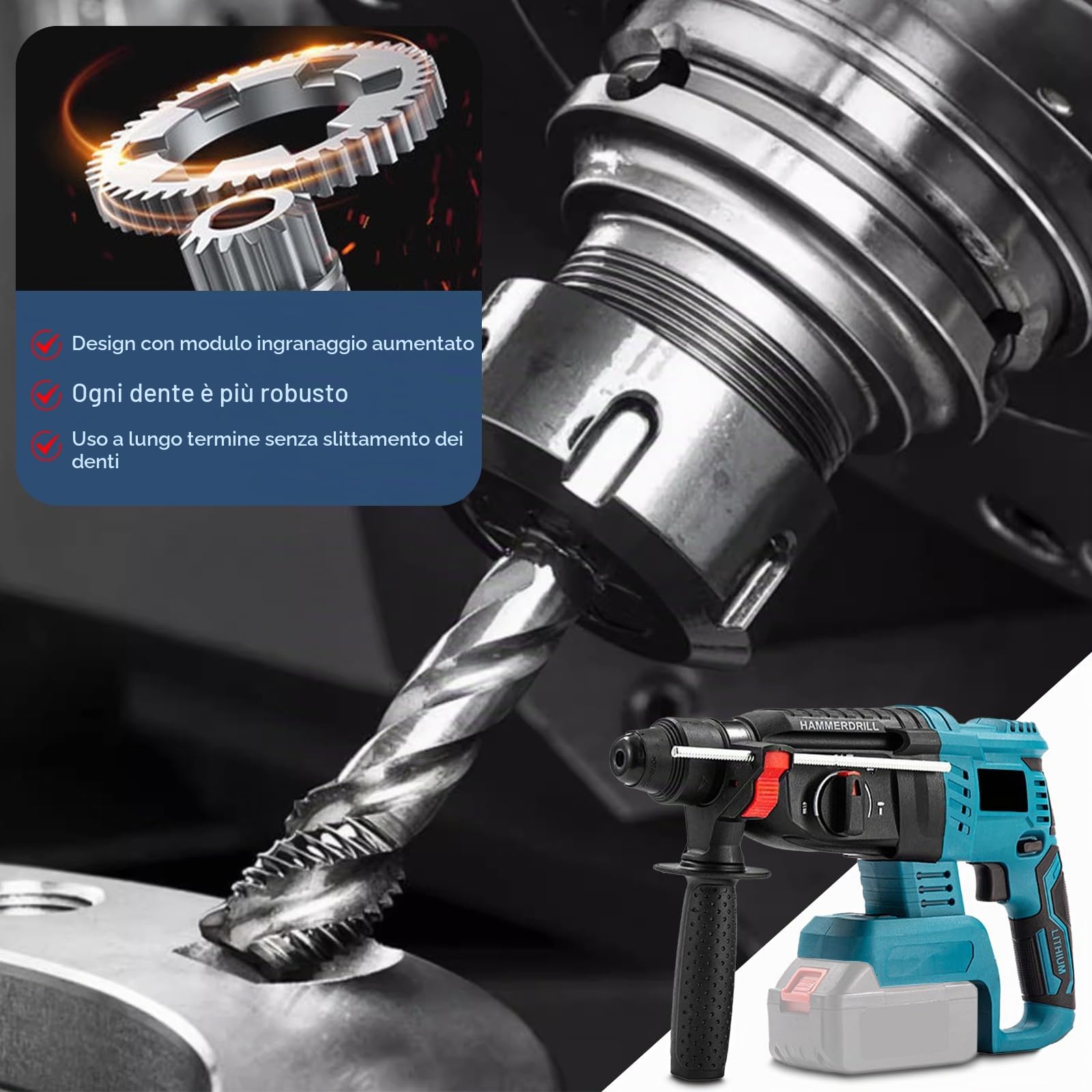 Martello perforatore professionale a batteria Mak-ita 18 V, 7.0 Joule, 4500 giri/min, 3 modalità: foratura, trapano a martello, scalpello, motore brushless, martello con set di 6 scalpelli (senza