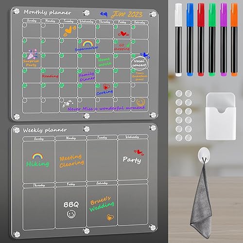 Calendario magnético acrílico para refrigerador de 16 x 12 pulgadas, calendario mensual transparente, pizarra magnética de borrado en seco para