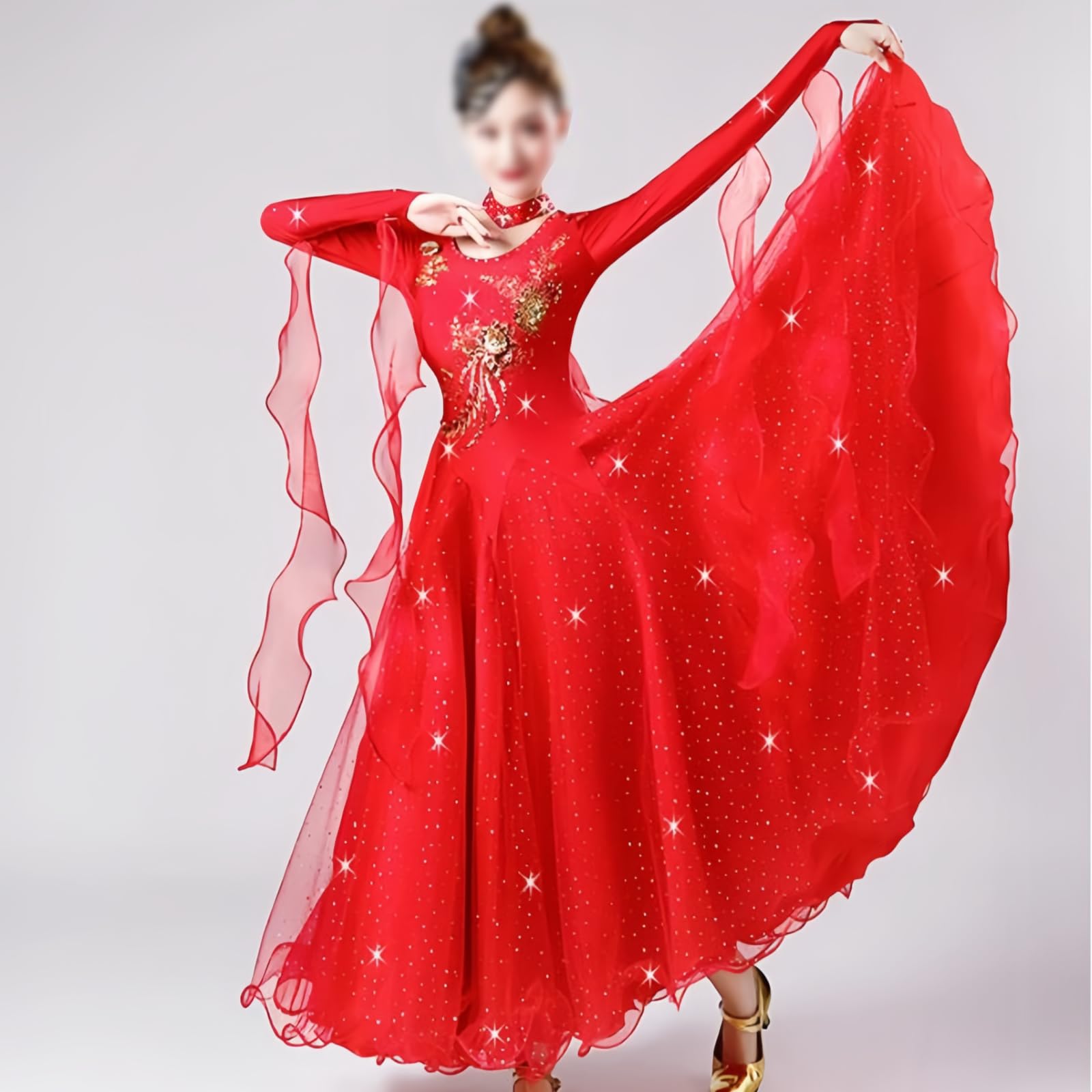 Ballsaal Tanzkleid Für Damen, Elegantes Langarm Tanzkleid Für Walzer Und Tango Modisches Tanzkleid Mit Rundhalsausschnitt Und Strass Für Tango Cha-Cha Rumba Salsa Und Partys