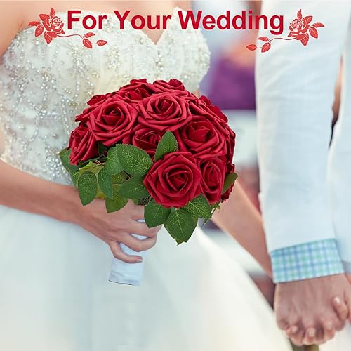 Miniatura 4 de 50 rosas artificiales rojas a granel con tallos, rosas falsas de espuma, aspecto real para decoración de boda, ramos de novia, centros de mesa,