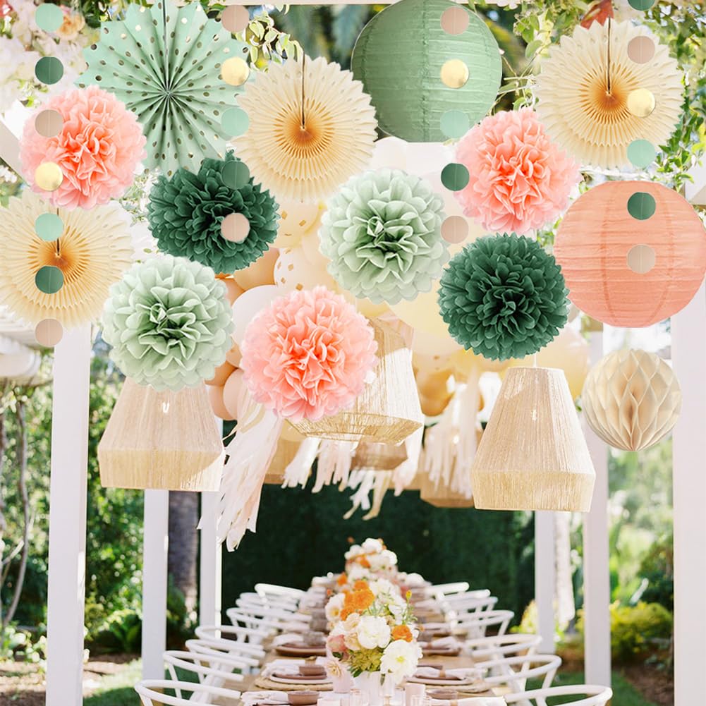 Pfirsich Party Deko Salbeigrün Rosa Deko Apricot Pfirsich Pompons Deko Salbei Papierlaterne Party Deko Olivgrün mit Kreisgirlande für Geburtstag Babyparty Hochzeitsdeko Brautdusche JGA Frau