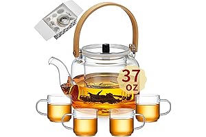 Glass Teapot and Teacups Set with Infuser for Loose Tea, Stovetop and...