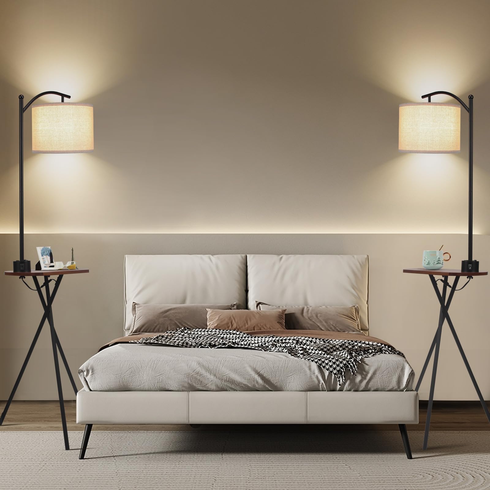 Lámpara de Pie con Mesa y Cargador, Trípode Lámpara Moderna con Estantes, Lámpara LED Regulable con Mando a Distancia para Salón, Dormitorio