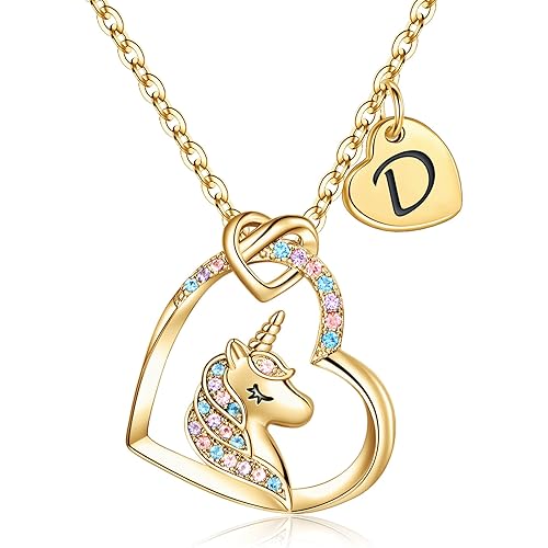 Hidepoo Stocking Stuffers for Teen Girls Kids - Colorful CZ Heart Pendant Initial Unicorn Necklaces for Girl Jewelry Birthday Gift Christmas Gifts for Grandkids Girls Kid