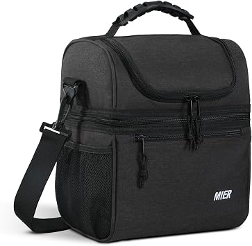MIER Insulated Lunch Box Bags for Men Women, Dual Compartment, Dark Grey | Leakproof Lunchbox Cooler, Work, Travel, Park Trip, Side Mesh Pockets, Adjustable Shoulder Strap, Zipper Pockets, Durable