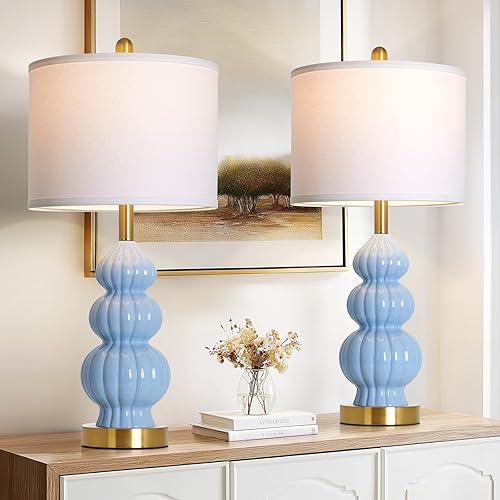 Miniatura 10 de Juego de 2 lámparas de mesa de cerámica de triple calabaza, modernas lámparas de noche blancas con interruptor giratorio, lámparas de mesita