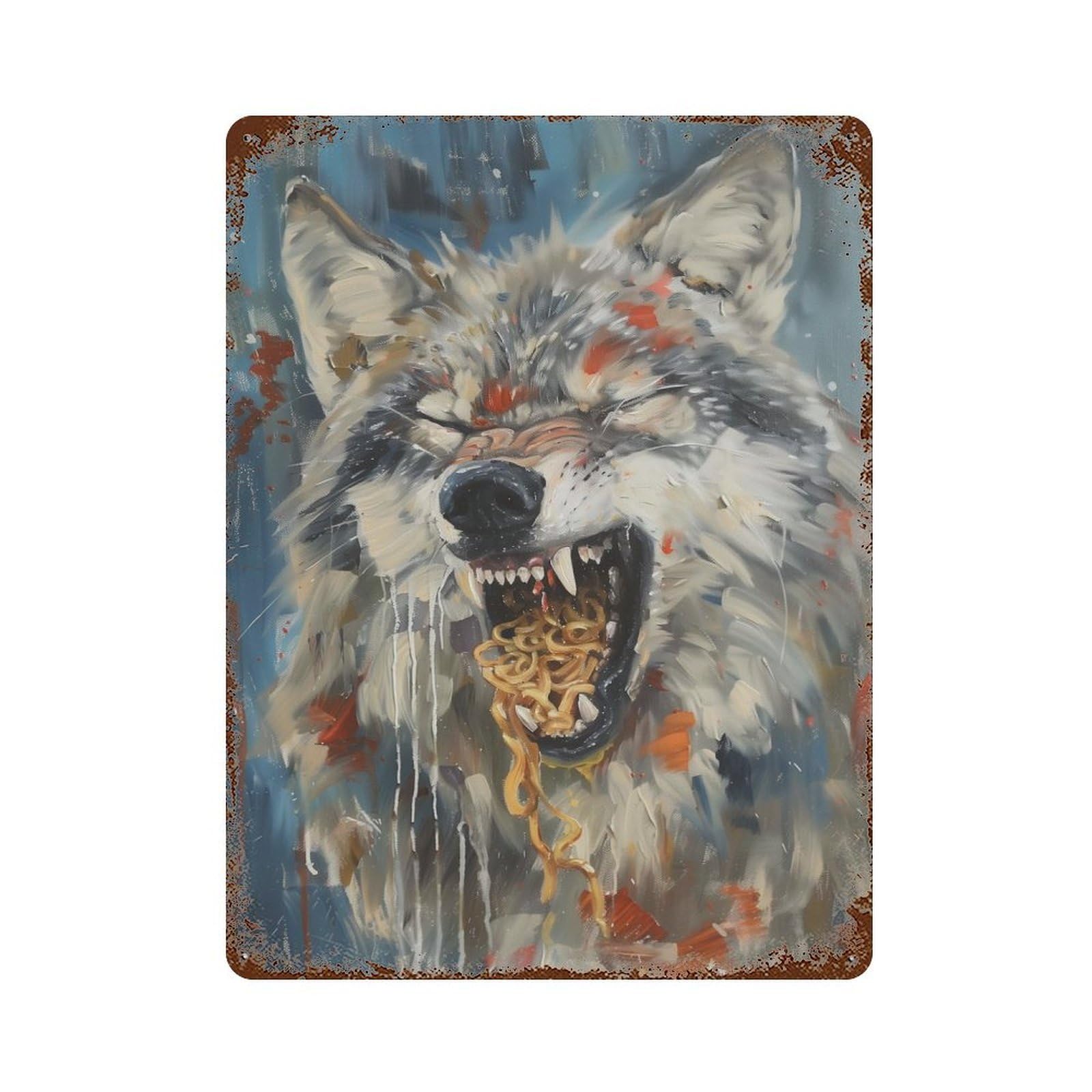Funny Angry Gray Wolf Food Decorative Tin Sign 15.7"x11.8", Ideal for Basement, Hobby Room And Garage Decor