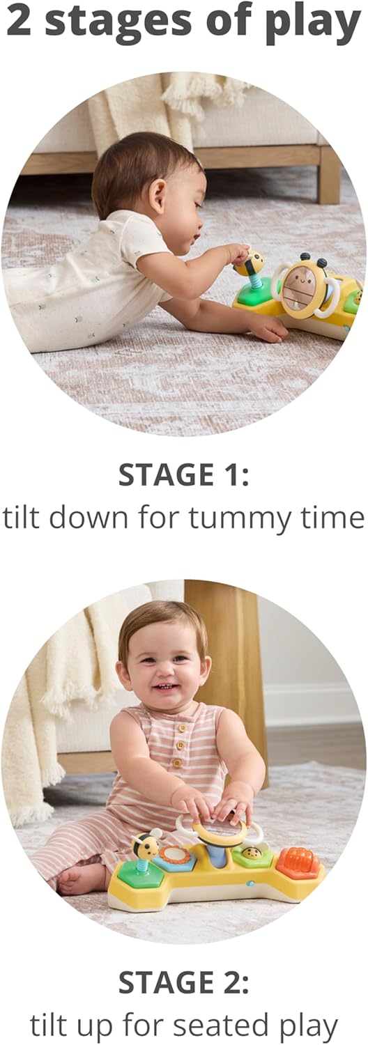 Skip Hop Tummy Time & Seated Play Cause & Effect Developmental Baby Toy with 5 Activities and 2 Ways to Play, Lights, Songs and Sounds, Farmstand See & Bee Steering Wheel, Age 3m+