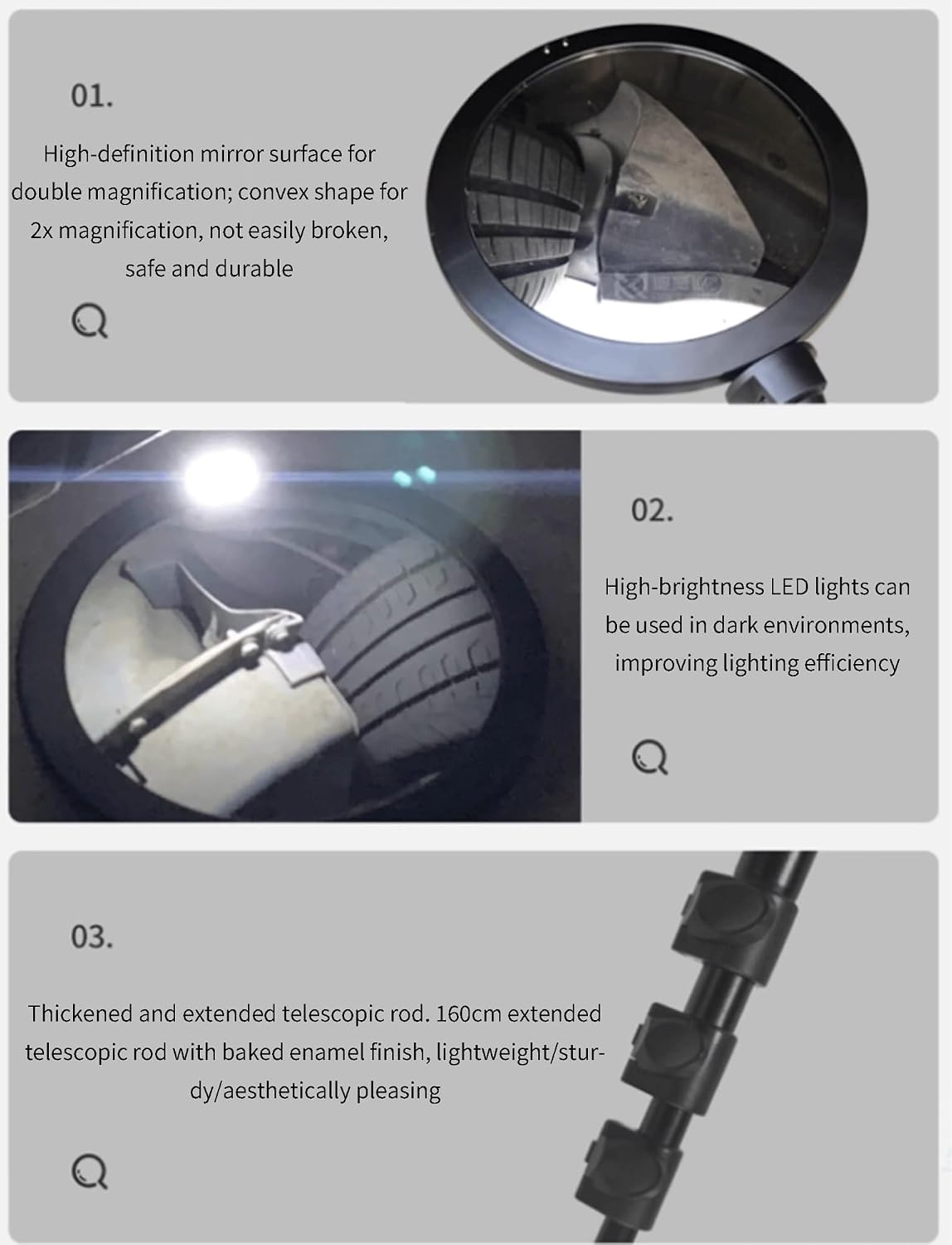 16cm Extendable Inspection Mirror for Under Vehicle Safety Check, Automotive Inspection Tool, Durable Industrial Use, Adjustable Mirror for Mechanics and Technicians