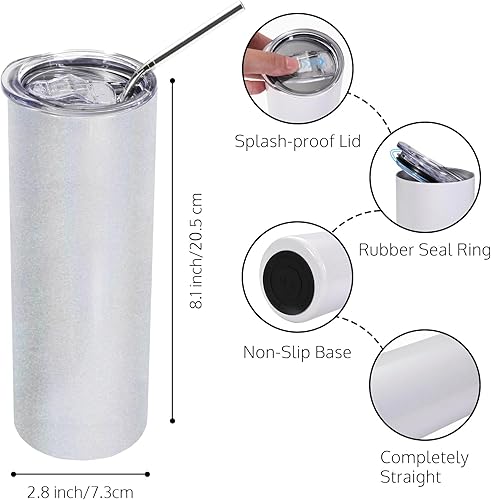 Miniatura 3 de OFFNOVA Vaso de acero inoxidable con purpurina blanca de 20 onzas, paquete de 2 con tapa y pajita, vaso de sublimación para café en blanco, doble