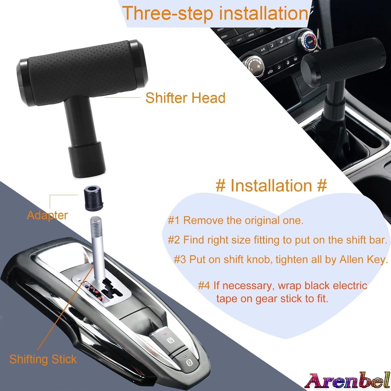 4" Alloy T Handle Gear Shift Knob, Heavy Manual Car Gear Stick Shifter with Leather Covered Fit Most MT Transmission Vehicles, Black