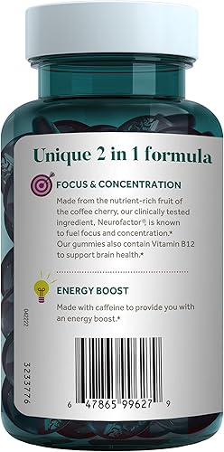 Miniatura 13 de NEURIVA Gomitas para el cerebro + energía, suplementos nootrópicos para el cerebro para el enfoque y la concentración con Neurofactor, vitamina B12