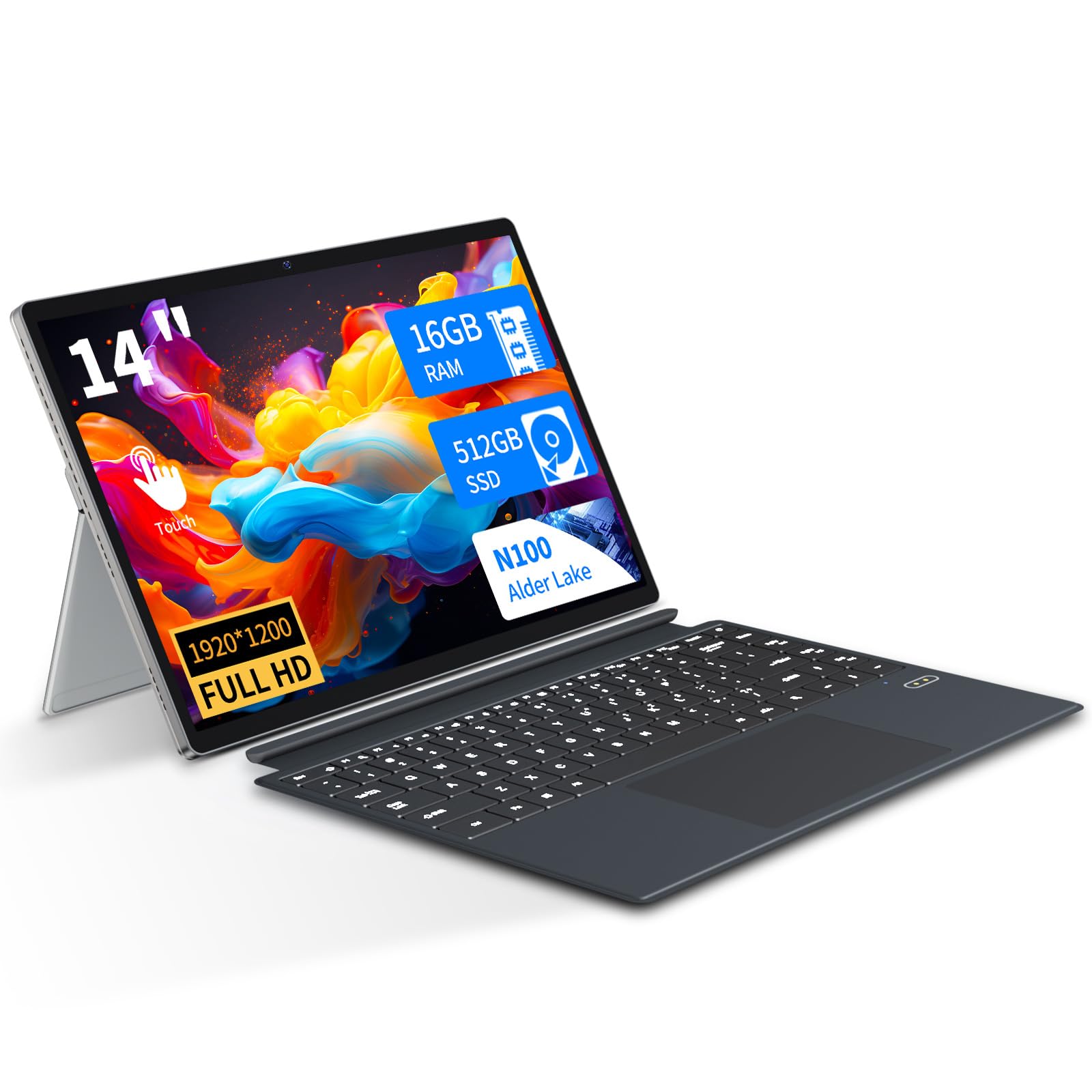 14 pollici PC Portatile 2 in 1, tablet Windows 11 con processore N100, Notebook metallo LPDDR5 16 GB + 512 GB SSD, WIFI6/Bluetooth 5.2/Type-c/Micro HDMI Laptop (con tastiera)