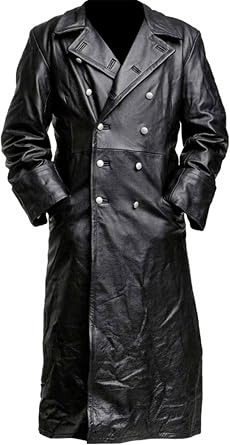 Yolo Jackets German Classic WWII Officer Genuine Leather Black Trench Coat - Military Uniform Black Leather Trench Coat