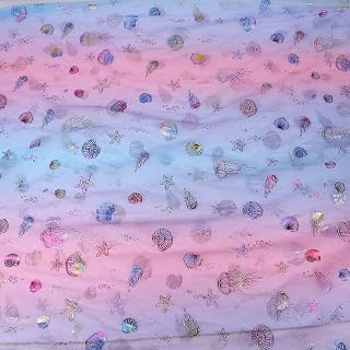 해안 바다 튤 원단 - 149.9 x 99.1cm(59 x 39인치) 파스텔 그라데이션 해파리 껍질 불가사리 메시 폴리에스터 테이블 러너 DIY 공예 해상 해변 테마 생일 웨딩 베이비 샤워 장식