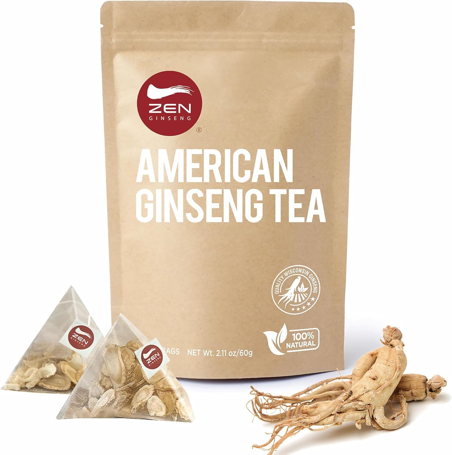 Zen Ginseng Tea 30 ct Triangle Teabags. American Ginseng Tea 花旗参三角茶包 Boosts Body Energy, Immunity and Stamina.