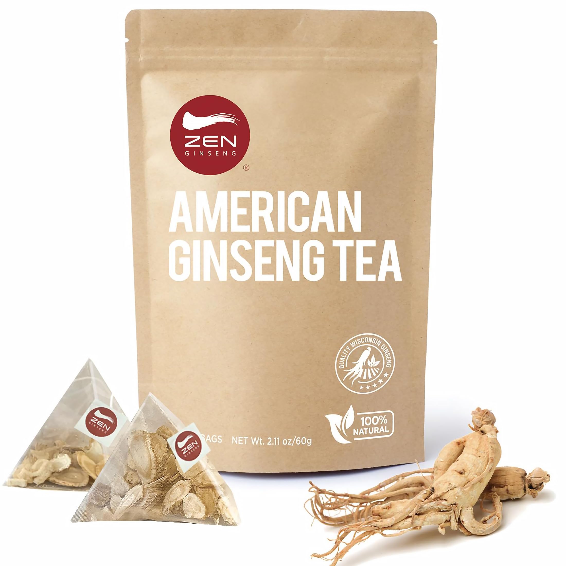 Zen Ginseng Tea 30 ct Triangle Teabags. American Ginseng Tea 花旗参三角茶包 Boosts Body Energy, Immunity and Stamina.