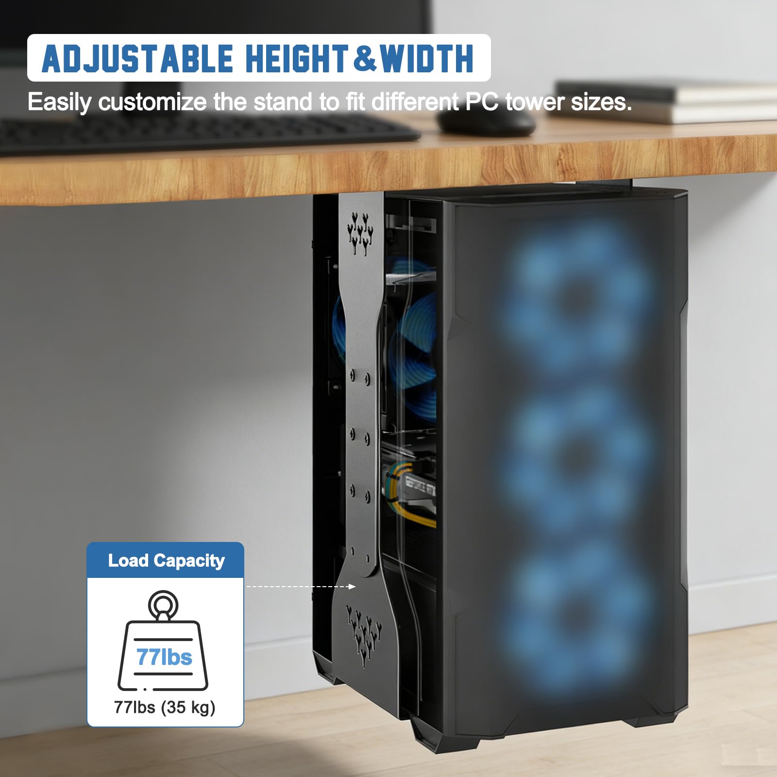 Supporto per PC sotto la scrivania, supporto per PC con capacità di carico di 35 kg, regolabile in altezza (34-65 cm), supporto universale per computer, per ufficio, casa e posto di lavoro